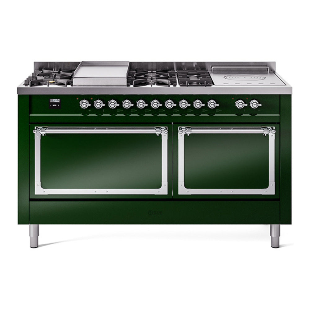 ILVE Nostalgie II Noblesse 60" Emerald Green Dual Fuel Range with 7 Burners, Griddle and French Top Solid Door Natural Gas