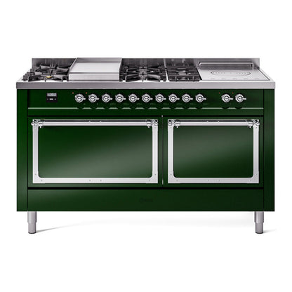 ILVE Nostalgie II Noblesse 60" Emerald Green Dual Fuel Range with 7 Burners, Griddle and French Top Solid Door Natural Gas
