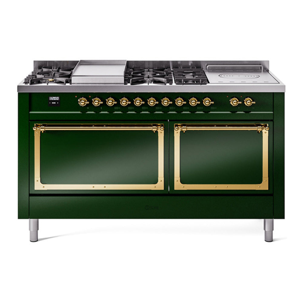 ILVE Nostalgie II Noblesse 60" Emerald Green Dual Fuel Range with 7 Burners, Griddle and French Top Solid Door Natural Gas