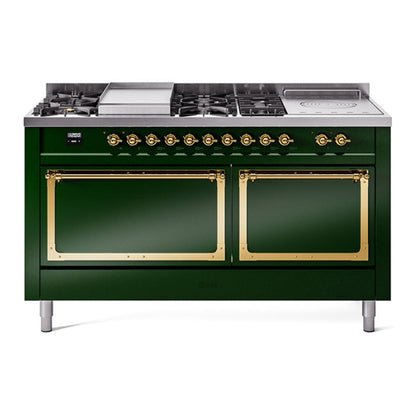 ILVE Nostalgie II Noblesse 60" Emerald Green Dual Fuel Range with 7 Burners, Griddle and French Top Solid Door Natural Gas