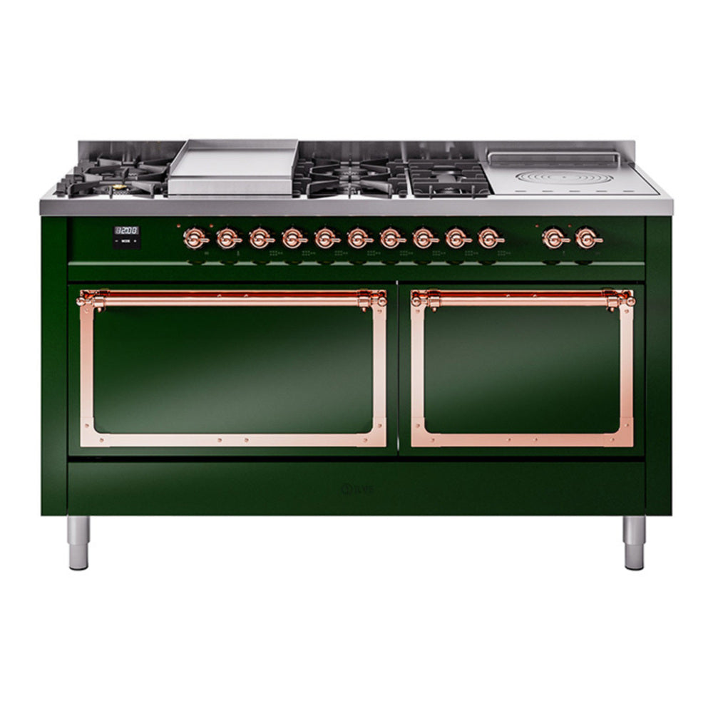 ILVE Nostalgie II Noblesse 60" Emerald Green Dual Fuel Range with 7 Burners, Griddle and French Top Solid Door Natural Gas