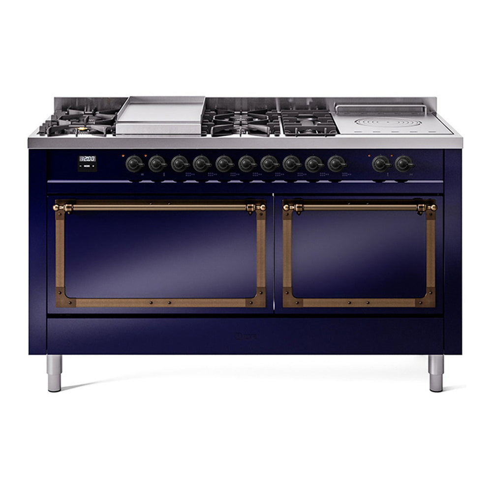 ILVE Nostalgie II Noblesse 60" Midnight Blue Dual Fuel Range with 7 Burners, Griddle and French Top Solid Door Natural Gas