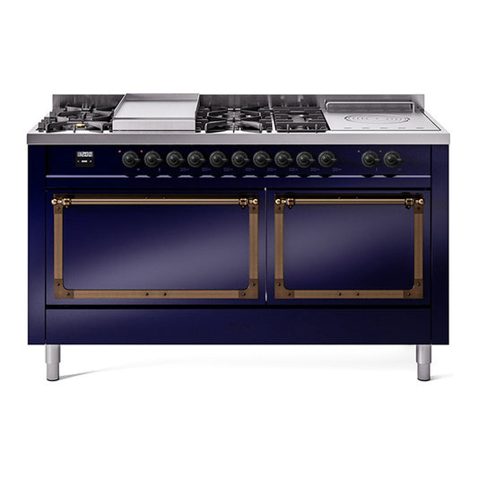 ILVE Nostalgie II Noblesse 60" Midnight Blue Dual Fuel Range with 7 Burners, Griddle and French Top Solid Door Natural Gas