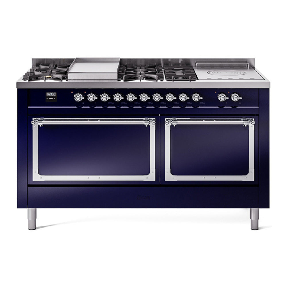 ILVE Nostalgie II Noblesse 60" Midnight Blue Dual Fuel Range with 7 Burners, Griddle and French Top Solid Door Natural Gas