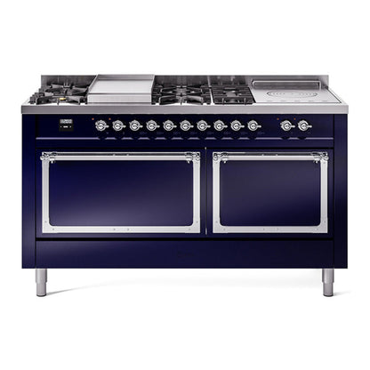 ILVE Nostalgie II Noblesse 60" Midnight Blue Dual Fuel Range with 7 Burners, Griddle and French Top Solid Door Natural Gas