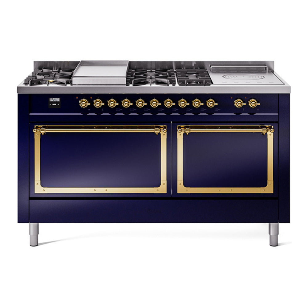 ILVE Nostalgie II Noblesse 60" Midnight Blue Dual Fuel Range with 7 Burners, Griddle and French Top Solid Door Natural Gas