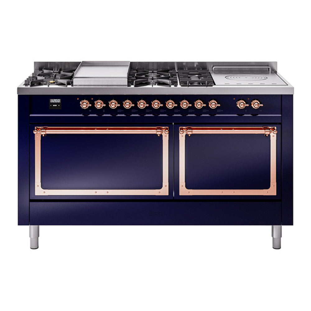 ILVE Nostalgie II Noblesse 60" Midnight Blue Dual Fuel Range with 7 Burners, Griddle and French Top Solid Door Natural Gas