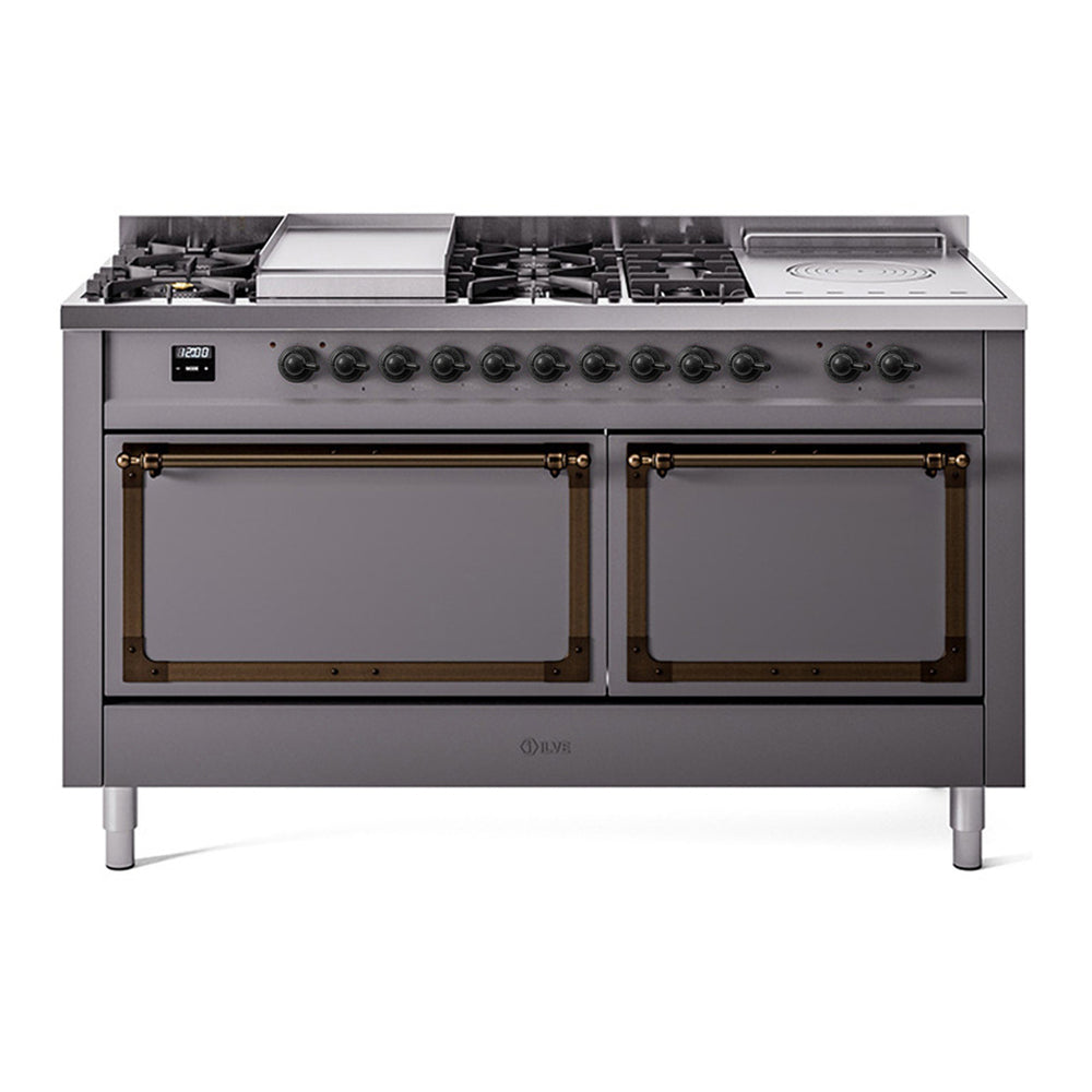 ILVE Nostalgie II Noblesse 60" Graphite Matte Dual Fuel Range with 7 Burners, Griddle and French Top Solid Door Liquid Propane