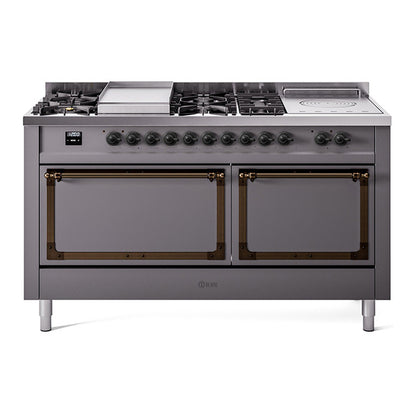 ILVE Nostalgie II Noblesse 60" Graphite Matte Dual Fuel Range with 7 Burners, Griddle and French Top Solid Door Liquid Propane