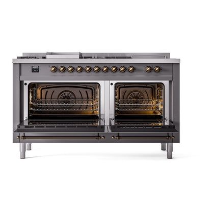 ILVE Nostalgie II Noblesse 60" Graphite Matte Dual Fuel Range with 7 Burners, Griddle and French Top Solid Door Liquid Propane