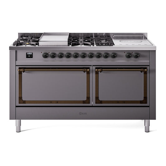 ILVE Nostalgie II Noblesse 60" Graphite Matte Dual Fuel Range with 7 Burners, Griddle and French Top Solid Door Natural Gas