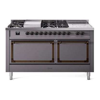 ILVE Nostalgie II Noblesse 60" Graphite Matte Dual Fuel Range with 7 Burners, Griddle and French Top Solid Door Natural Gas