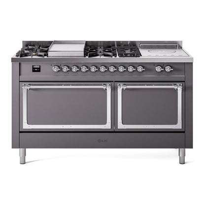 ILVE Nostalgie II Noblesse 60" Graphite Matte Dual Fuel Range with 7 Burners, Griddle and French Top Solid Door Liquid Propane