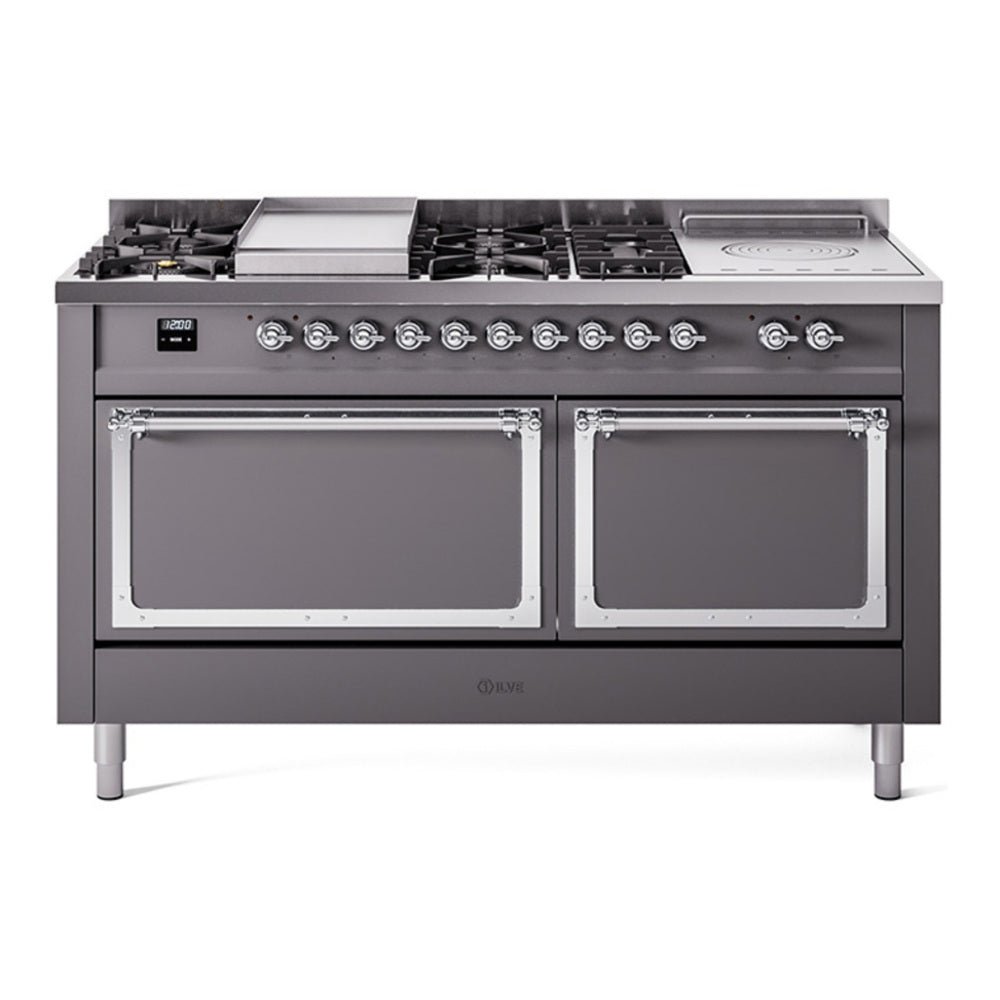 ILVE Nostalgie II Noblesse 60" Graphite Matte Dual Fuel Range with 7 Burners, Griddle and French Top Solid Door Natural Gas