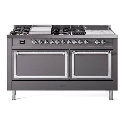 ILVE Nostalgie II Noblesse 60" Graphite Matte Dual Fuel Range with 7 Burners, Griddle and French Top Solid Door Natural Gas