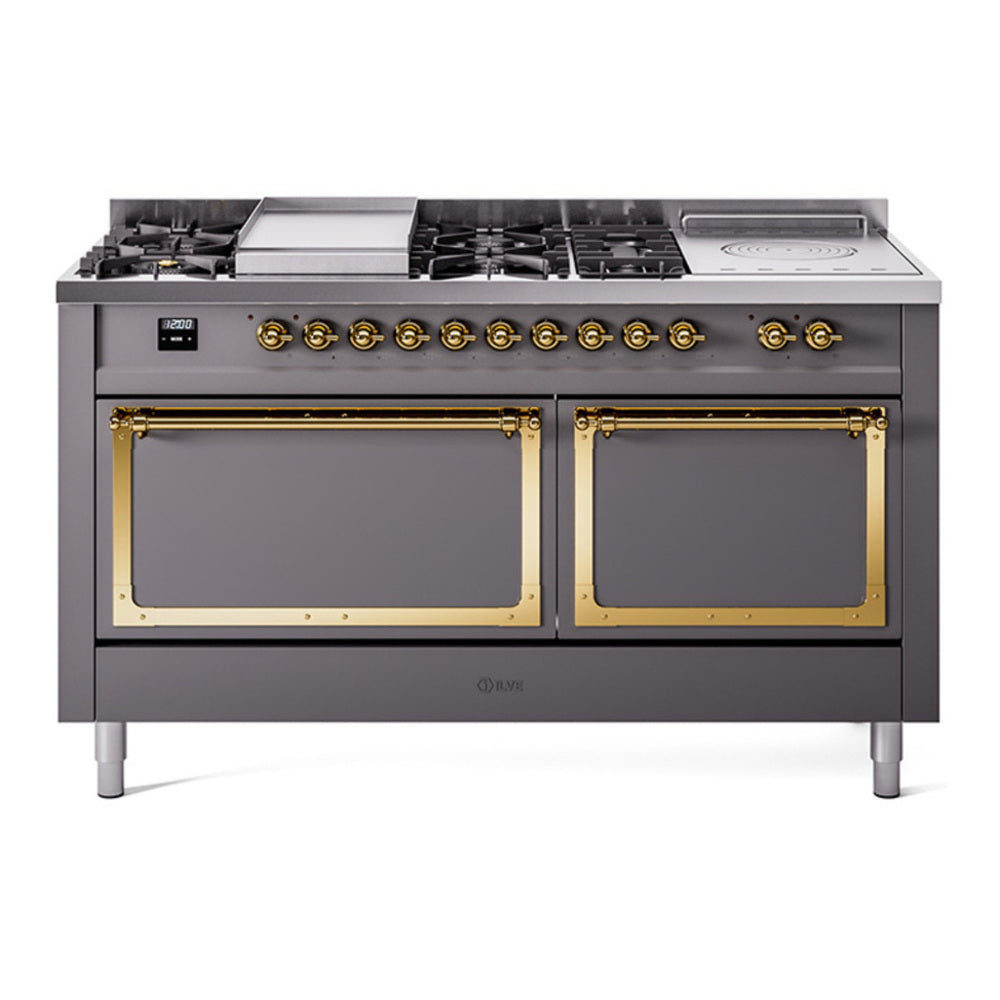 ILVE Nostalgie II Noblesse 60" Graphite Matte Dual Fuel Range with 7 Burners, Griddle and French Top Solid Door Natural Gas