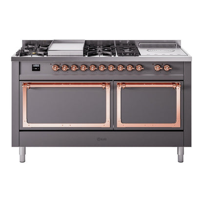 ILVE Nostalgie II Noblesse 60" Graphite Matte Dual Fuel Range with 7 Burners, Griddle and French Top Solid Door Natural Gas