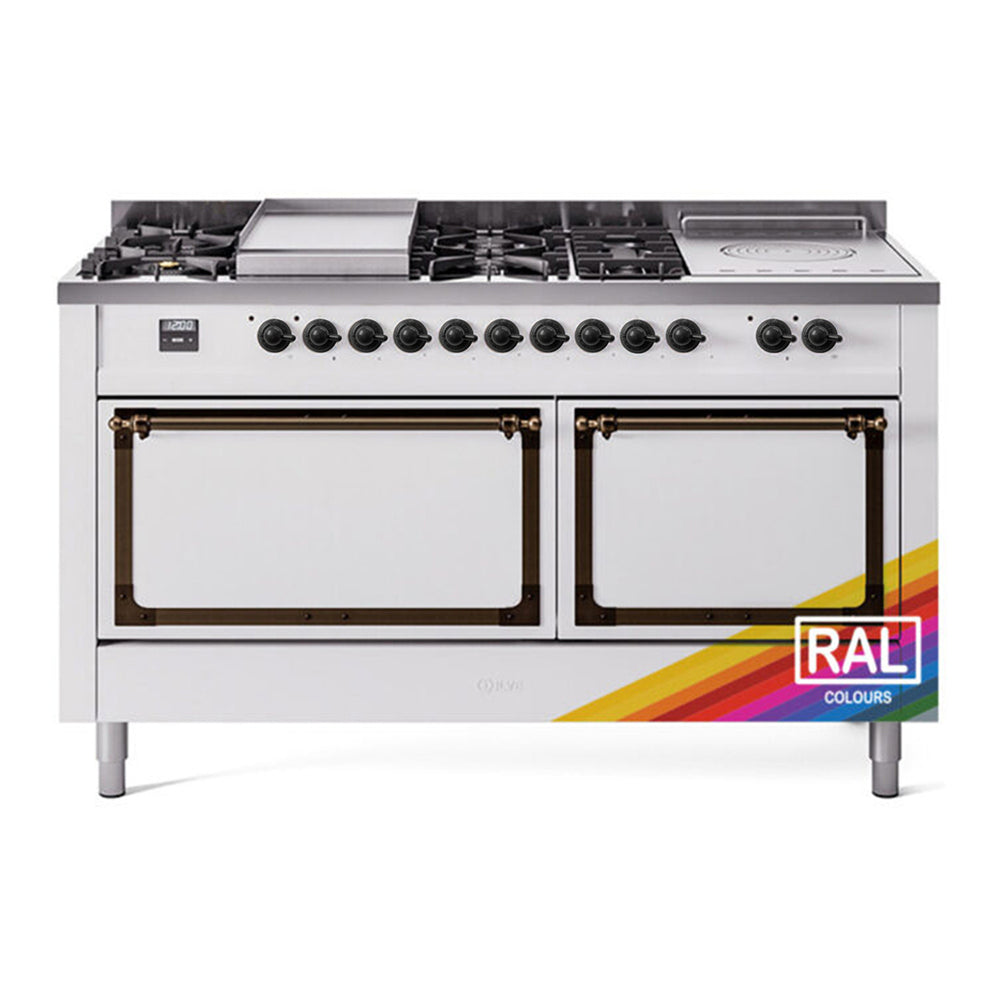 ILVE Nostalgie II Noblesse 60" RAL Dual Fuel Range with 7 Burners, Griddle and French Top Solid Door Natural Gas