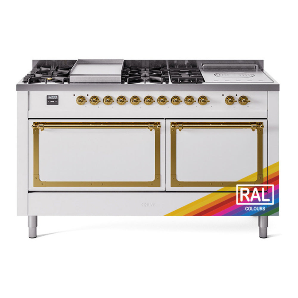 ILVE Nostalgie II Noblesse 60" RAL Dual Fuel Range with 7 Burners, Griddle and French Top Solid Door Natural Gas