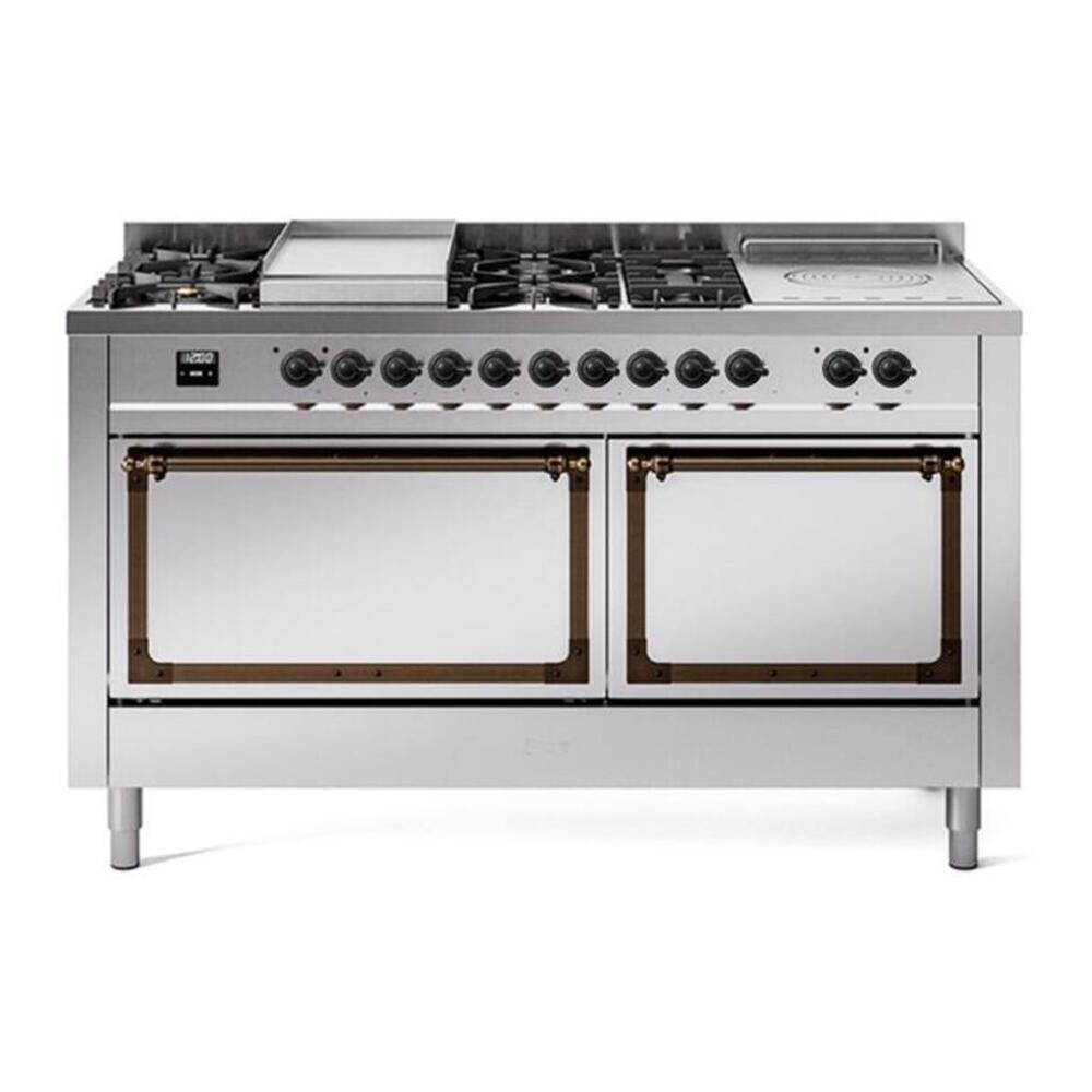 ILVE Nostalgie II Noblesse 60" Stainless Steel Dual Fuel Range with 7 Burners, Griddle and French Top Solid Door Natural Gas