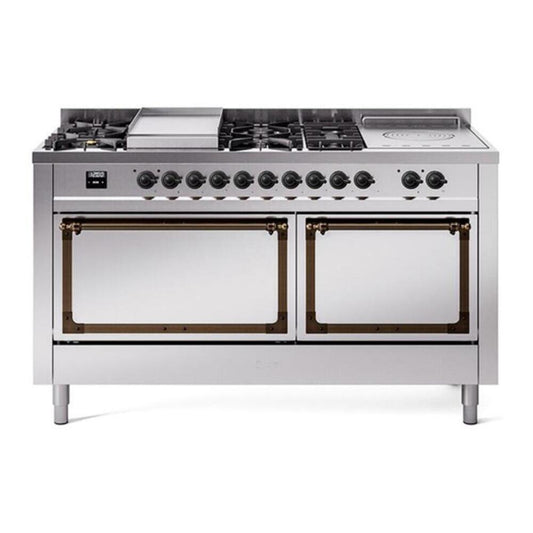 ILVE Nostalgie II Noblesse 60" Stainless Steel Dual Fuel Range with 7 Burners, Griddle and French Top Solid Door Natural Gas