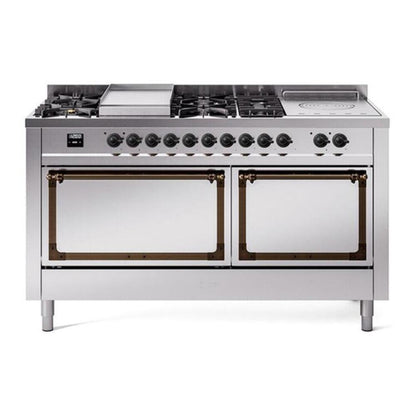ILVE Nostalgie II Noblesse 60" Stainless Steel Dual Fuel Range with 7 Burners, Griddle and French Top Solid Door Natural Gas