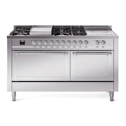 ILVE Nostalgie II Noblesse 60" Stainless Steel Dual Fuel Range with 7 Burners, Griddle and French Top Solid Door Natural Gas