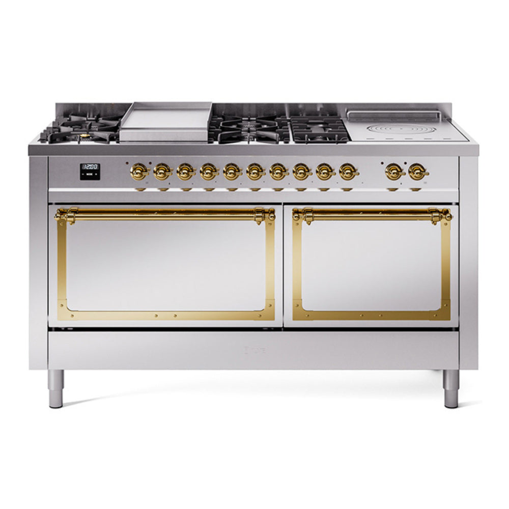 ILVE Nostalgie II Noblesse 60" Stainless Steel Dual Fuel Range with 7 Burners, Griddle and French Top Solid Door Natural Gas