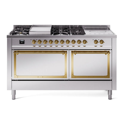 ILVE Nostalgie II Noblesse 60" Stainless Steel Dual Fuel Range with 7 Burners, Griddle and French Top Solid Door Natural Gas