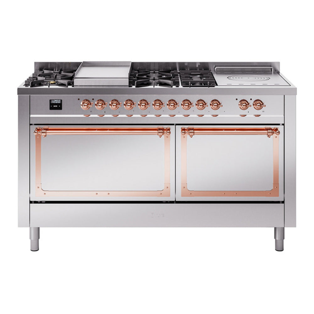 ILVE Nostalgie II Noblesse 60" Stainless Steel Dual Fuel Range with 7 Burners, Griddle and French Top Solid Door Natural Gas