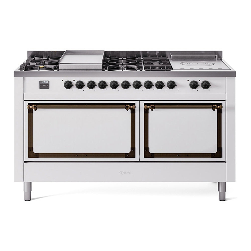 ILVE Nostalgie II Noblesse 60" White Dual Fuel Range with 7 Burners, Griddle and French Top Solid Door Natural Gas