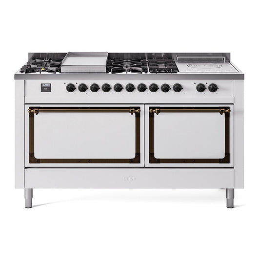ILVE Nostalgie II Noblesse 60" White Dual Fuel Range with 7 Burners, Griddle and French Top Solid Door Natural Gas