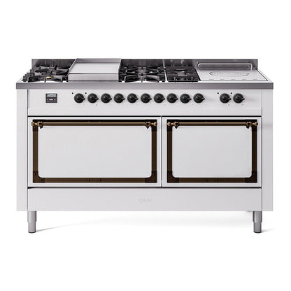 ILVE Nostalgie II Noblesse 60" White Dual Fuel Range with 7 Burners, Griddle and French Top Solid Door Natural Gas
