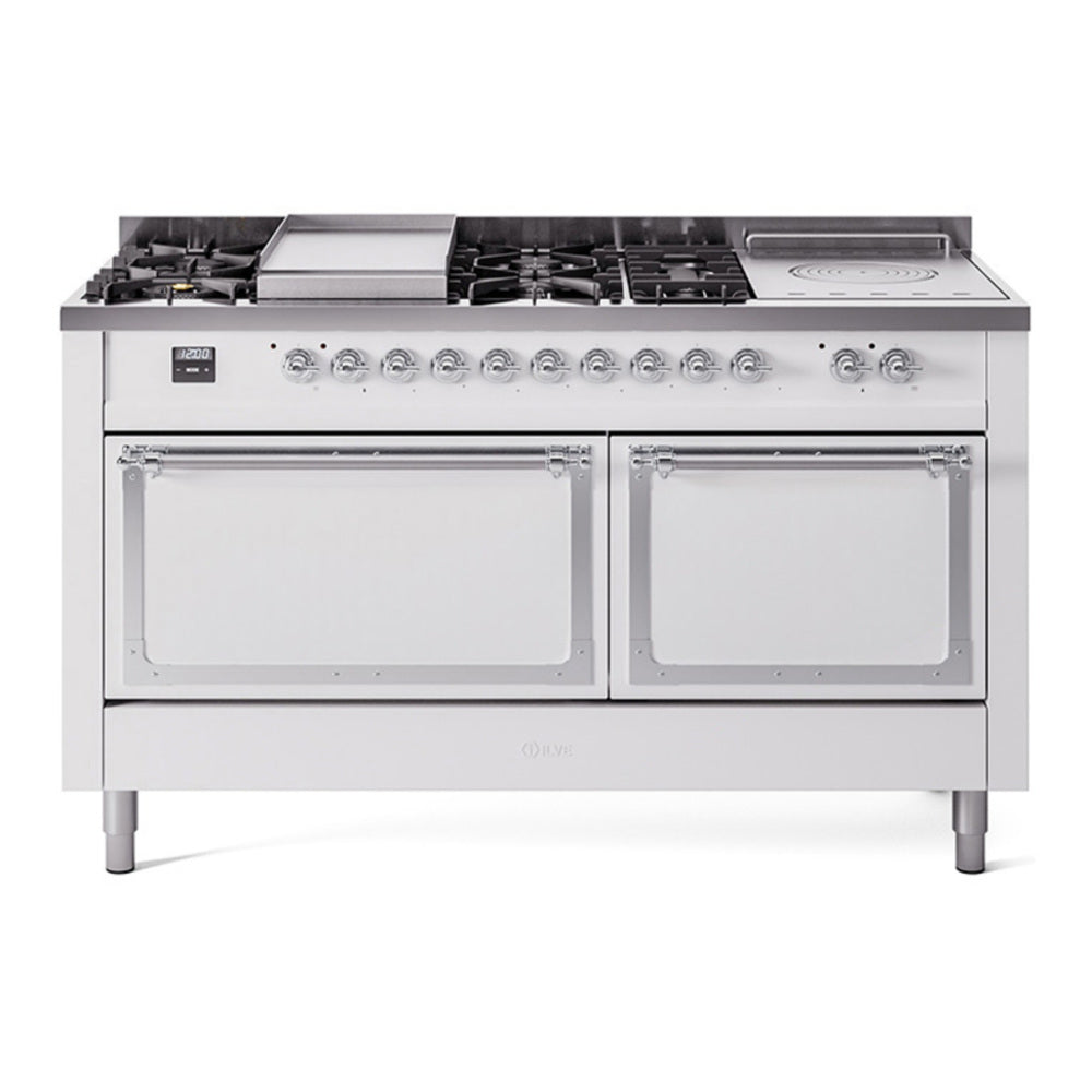 ILVE Nostalgie II Noblesse 60" White Dual Fuel Range with 7 Burners, Griddle and French Top Solid Door Natural Gas