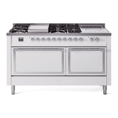 ILVE Nostalgie II Noblesse 60" White Dual Fuel Range with 7 Burners, Griddle and French Top Solid Door Natural Gas