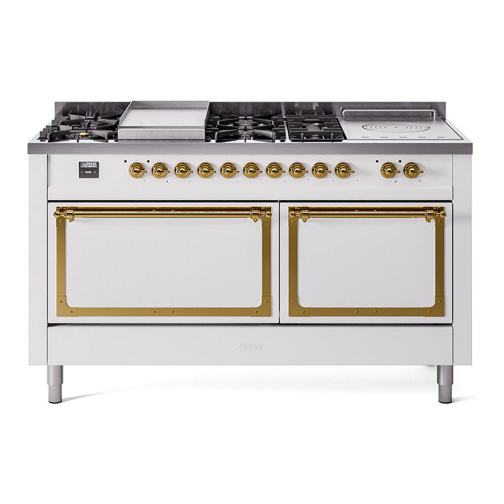 ILVE Nostalgie II Noblesse 60" White Dual Fuel Range with 7 Burners, Griddle and French Top Solid Door Natural Gas