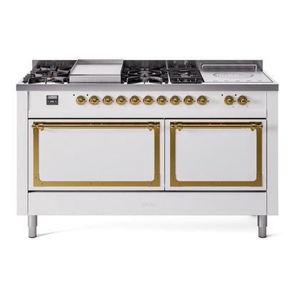 ILVE Nostalgie II Noblesse 60" White Dual Fuel Range with 7 Burners, Griddle and French Top Solid Door Natural Gas