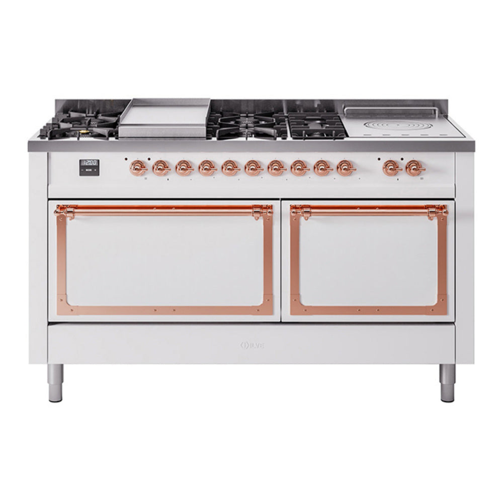 ILVE Nostalgie II Noblesse 60" White Dual Fuel Range with 7 Burners, Griddle and French Top Solid Door Natural Gas