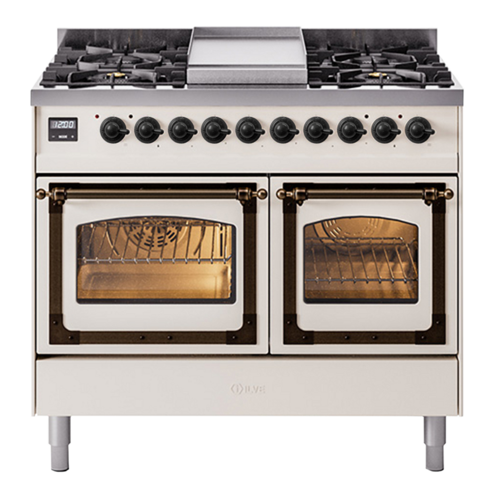 ILVE Nostalgie II Noblesse 40" Antique White Dual Fuel Range with 6 Burners and Griddle Triple Glass Door Natural Gas