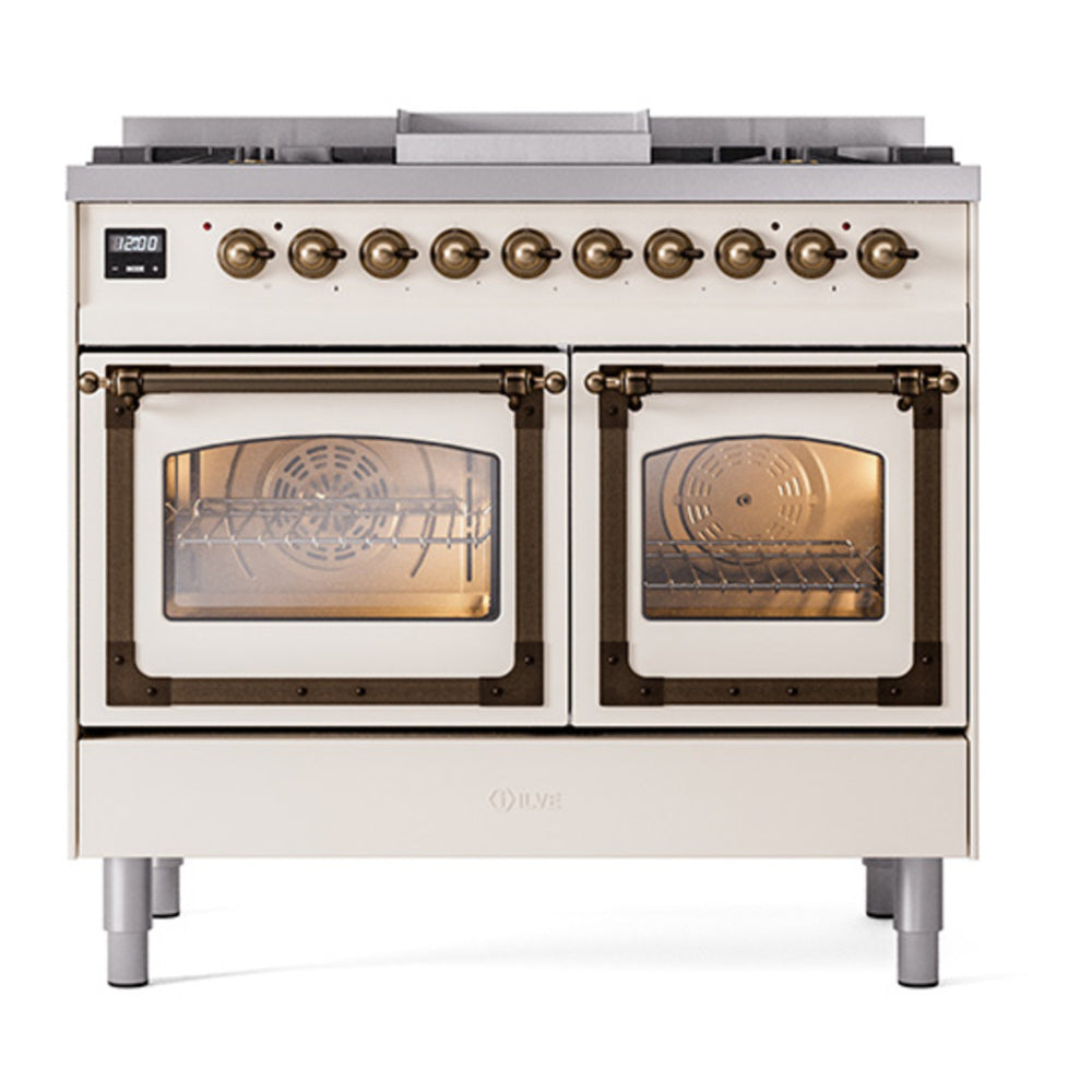 ILVE Nostalgie II Noblesse 40" Antique White Dual Fuel Range with 6 Burners and Griddle Triple Glass Door Natural Gas