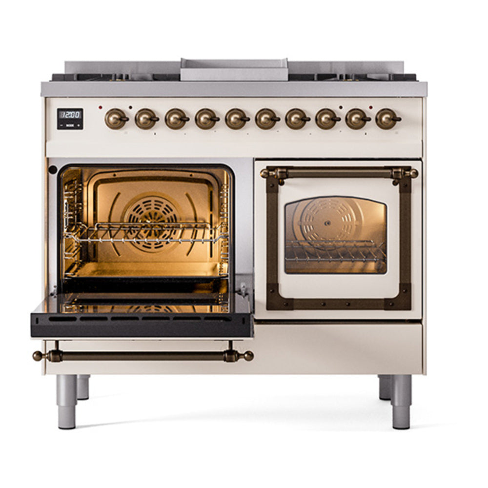ILVE Nostalgie II Noblesse 40" Antique White Dual Fuel Range with 6 Burners and Griddle Triple Glass Door Natural Gas