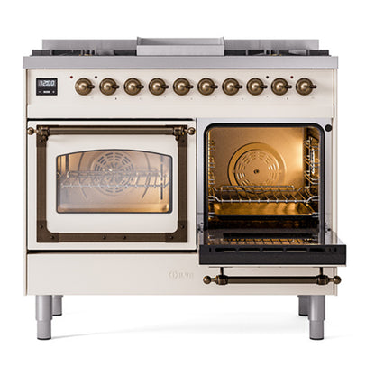 ILVE Nostalgie II Noblesse 40" Antique White Dual Fuel Range with 6 Burners and Griddle Triple Glass Door Natural Gas