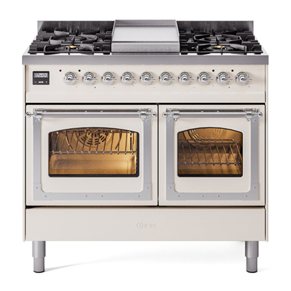 ILVE Nostalgie II Noblesse 40" Antique White Dual Fuel Range with 6 Burners and Griddle Triple Glass Door Natural Gas
