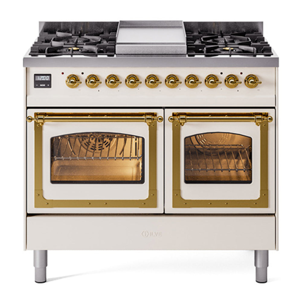 ILVE Nostalgie II Noblesse 40" Antique White Dual Fuel Range with 6 Burners and Griddle Triple Glass Door Natural Gas