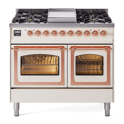 ILVE Nostalgie II Noblesse 40" Antique White Dual Fuel Range with 6 Burners and Griddle Triple Glass Door Natural Gas