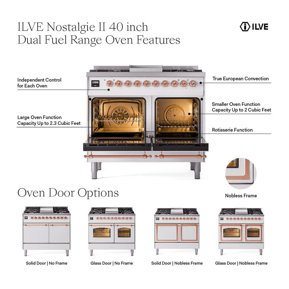 ILVE Nostalgie II Noblesse 40" Blue Grey Dual Fuel Range with 6 Burners and Griddle Triple Glass Door Liquid Propane