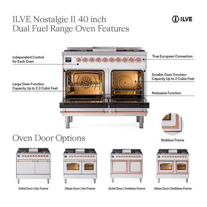 ILVE Nostalgie II Noblesse 40" Blue Grey Dual Fuel Range with 6 Burners and Griddle Triple Glass Door Liquid Propane