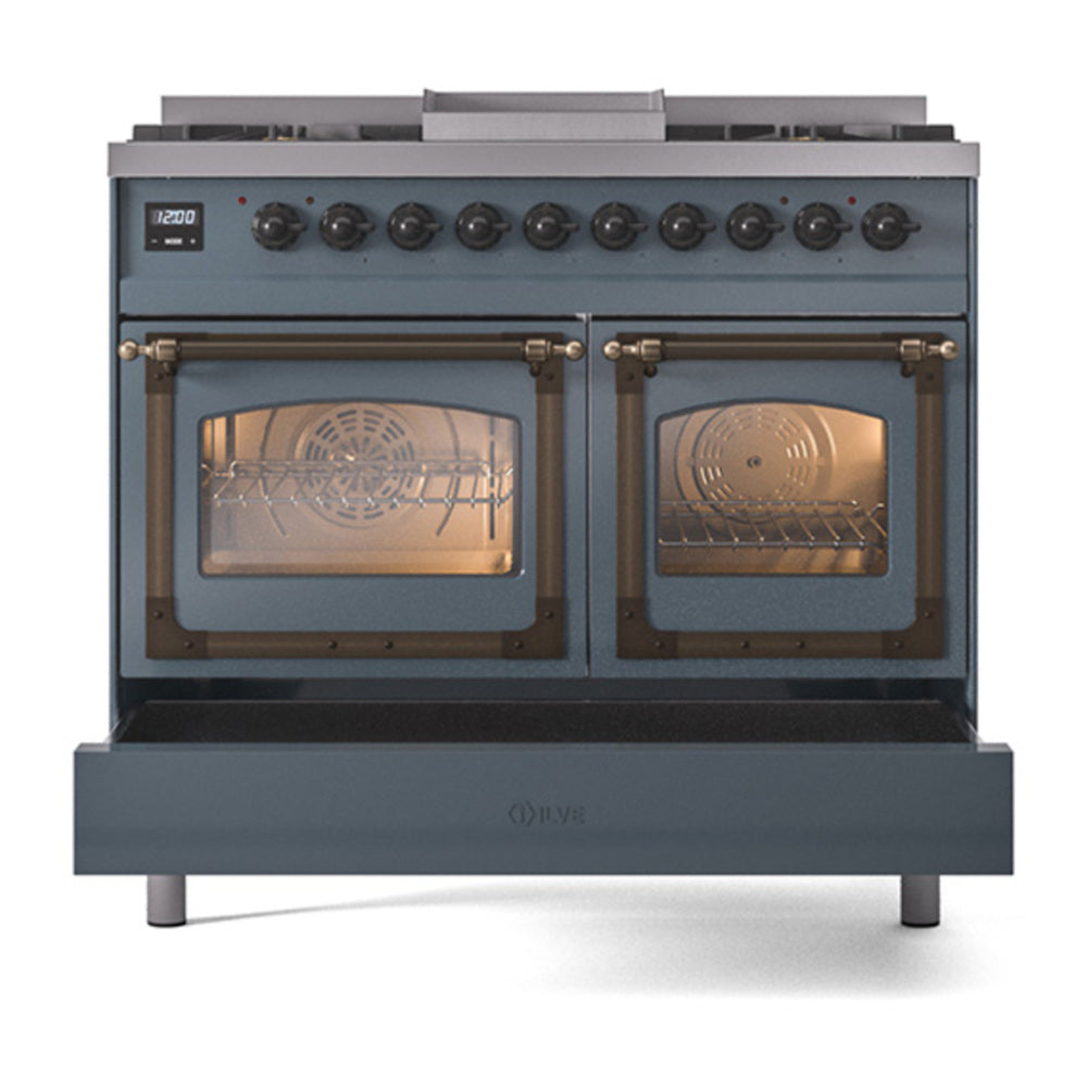 ILVE Nostalgie II Noblesse 40" Blue Grey Dual Fuel Range with 6 Burners and Griddle Triple Glass Door Liquid Propane