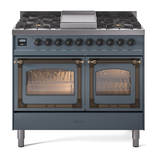 ILVE Nostalgie II Noblesse 40" Blue Grey Dual Fuel Range with 6 Burners and Griddle Triple Glass Door Natural Gas