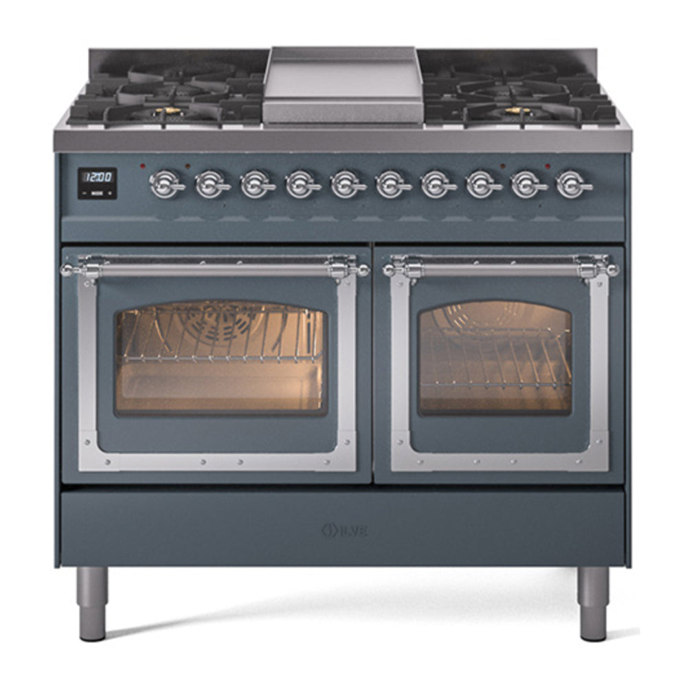ILVE Nostalgie II Noblesse 40" Blue Grey Dual Fuel Range with 6 Burners and Griddle Triple Glass Door Natural Gas